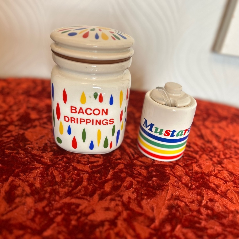 80’s Fab! Colorful Ceramic Bacon Drippings and Mustard Jars